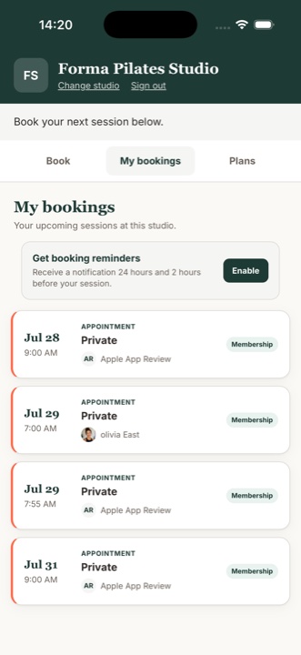 Upcoming bookings in MyoMesh Book
