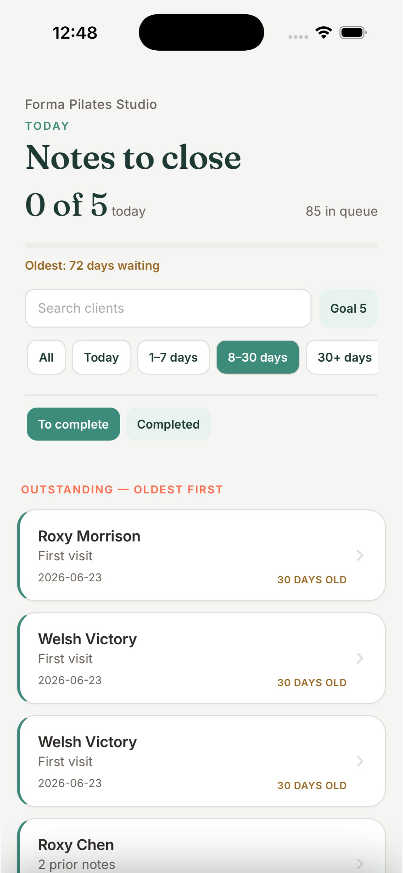 Unfinished clinical-note queue in MYOMESH Notes